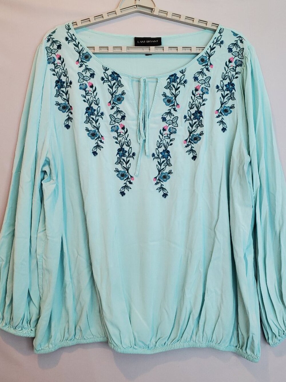 Lane Bryant Women Top 22W Turquoise Floral Vine Embroidered Boho Cottage Casual